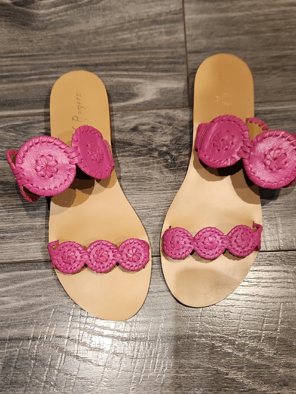 EUC Jack Rogers Fuchsia Leather Slide Sandals with Braided Medallions SZ 10M
